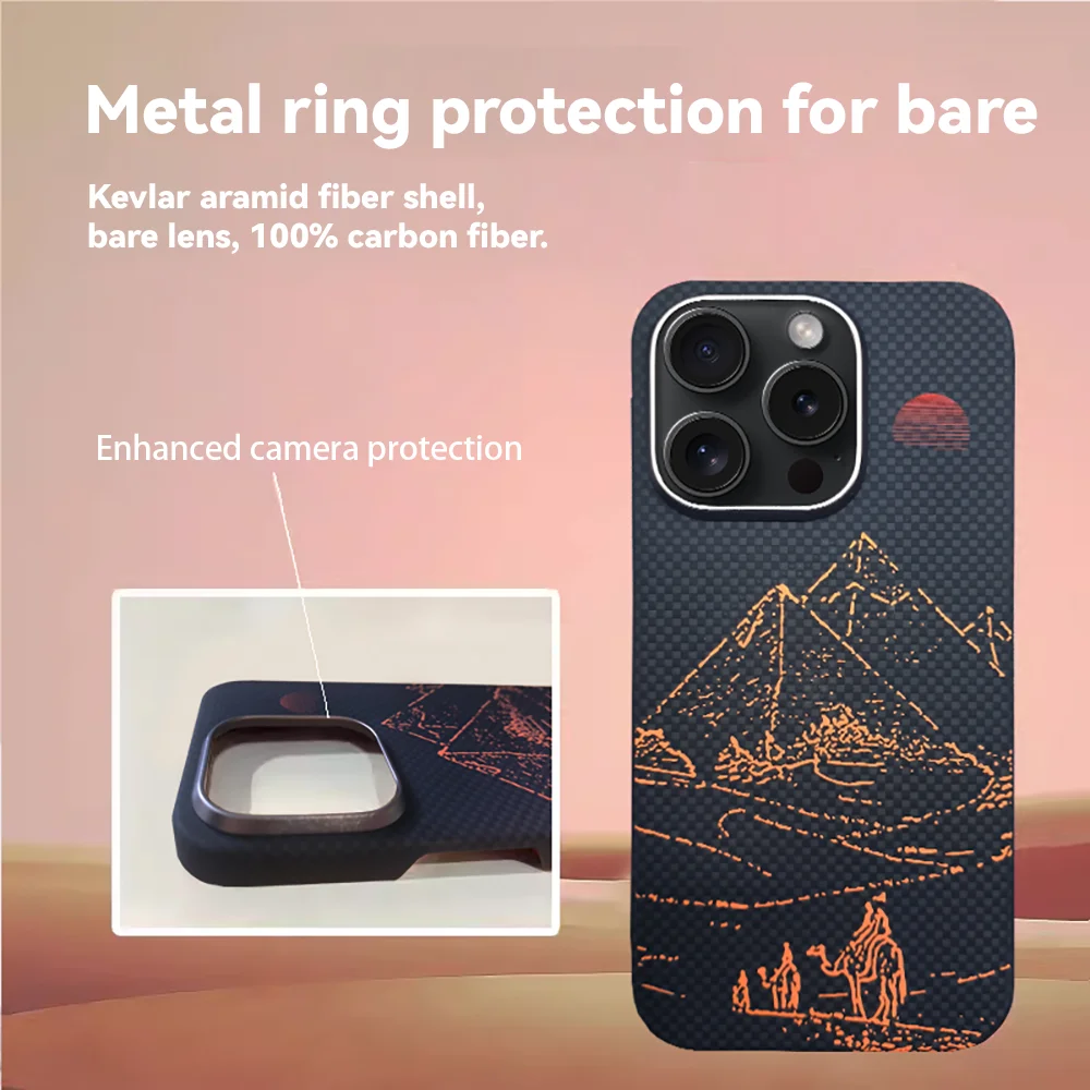 

Luxury Pyramid Black Red Kevlar Aramid Carbon Fiber Magnetic Phone Case Suitable for iphone 15 16Pro/Promax Metal Lens Ring