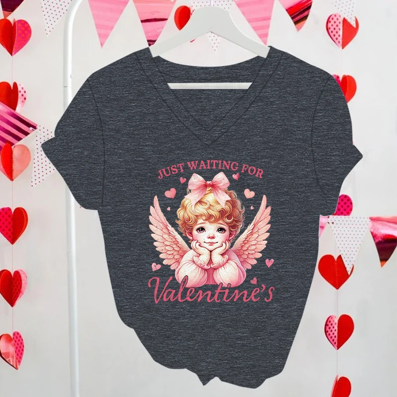 Just Waiting for Valentine's Day T-shirts Women Cartoon Baby Cupid Tops Tees Creative Ladies V-Neck Coquette Valentine T Shirts