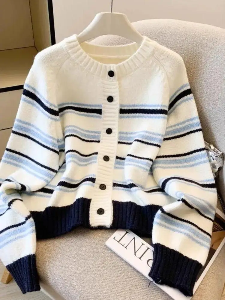 Retro Striped round Neck Single Button Knitted Open Cardigan Women's Spring Autumn Thickened Loose Versatile Anti-Aging Sweat...