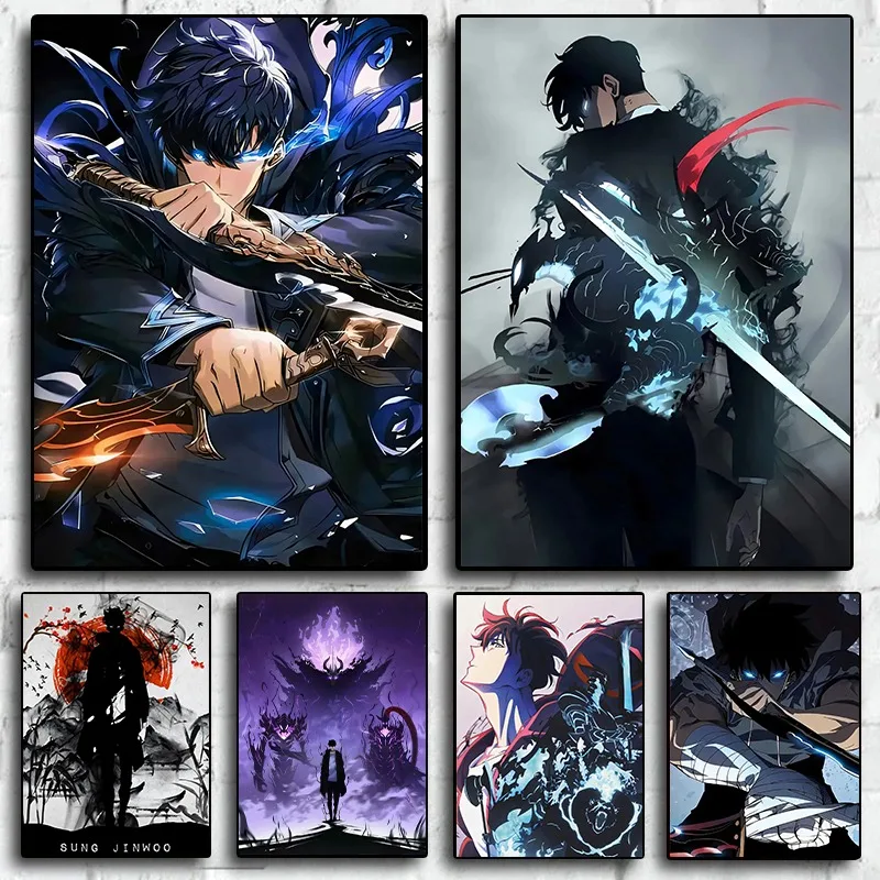 Solo Inspired Anime Wall Art Canvas Print L-Leveling Sung Jin-Woo Manga Poster Dark Fantasy Home Decor for Gaming Room Bedroo