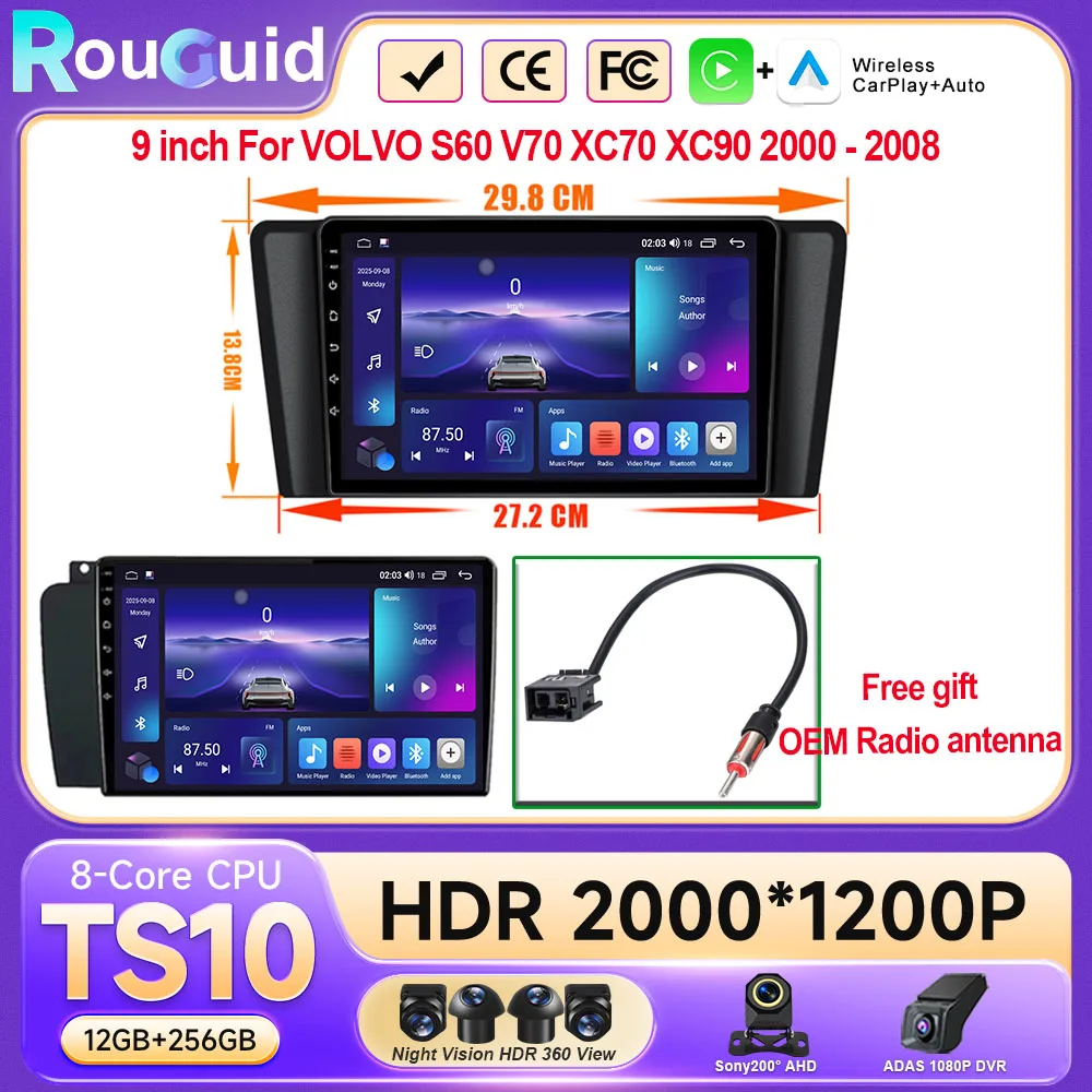 

9inch For VOLVO S60 V70 XC70 XC90 2000 - 2008 Android 16 Auto Car Radio Multimedia Video Player GPS Navigation No 2din DVD QLED
