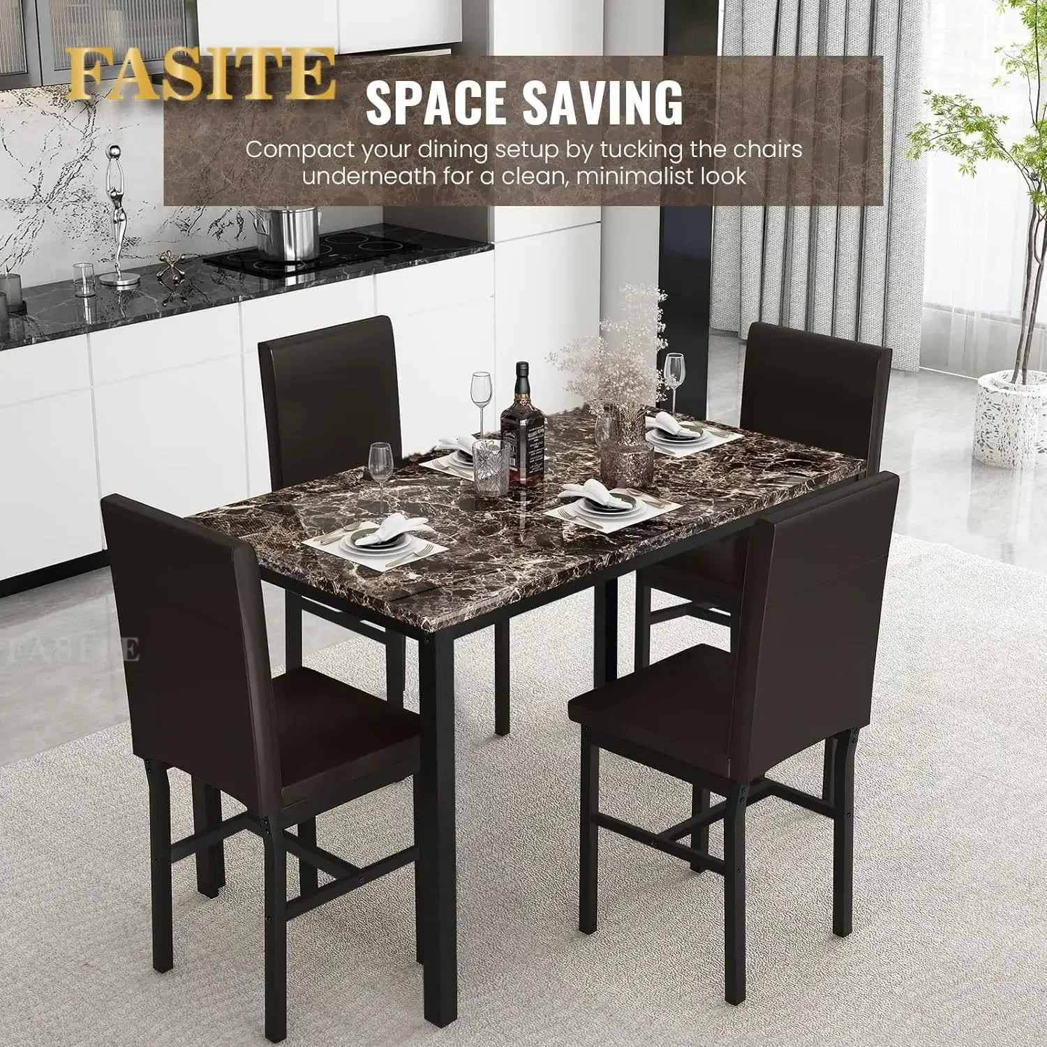 4-piece Dining Table Set 5-piece Artificial Marble Dining Table Set Kitchen Dining Table and Chairs with 4 Leather Cushioned