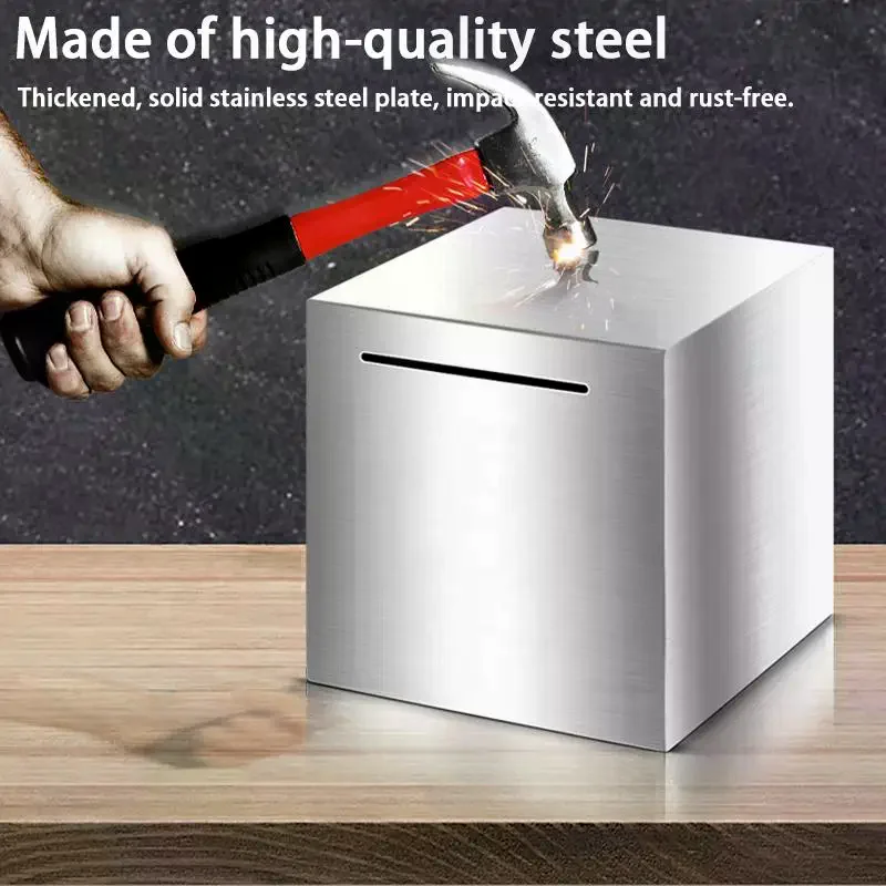 Cannot Be Opened Portable For /Adults Stainless Steel Cube Safe Box Piggy Bank Money Savings Bank Money Bank Box