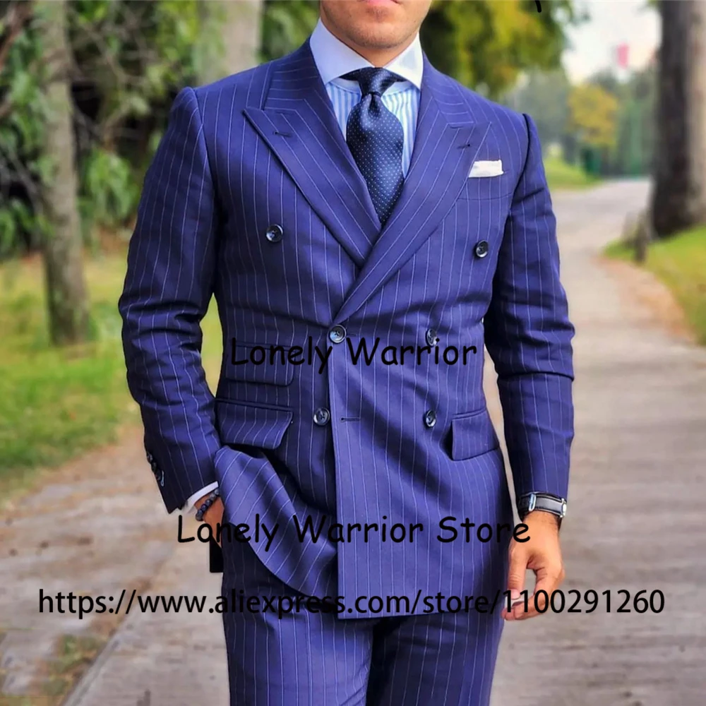 

Navy Blue Striped Suits Men Double breasted Business Blazer Wedding Groom Tuxedo Slim Fit 2 Piece Jacket Vest Pants Costume Homm