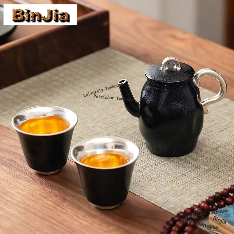 

High End Gilded Silver Black Tianmu Glazed Tea Set Complete Set Tea Ceremony Set Teapot And Tea Cup Set Tea Item Collection Gift