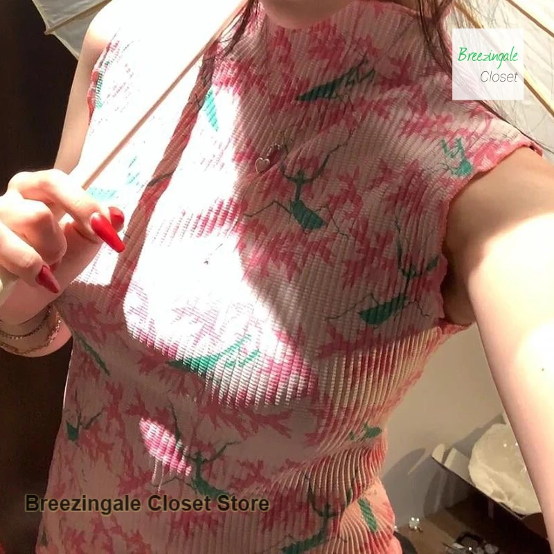 

New Chinese pink floral pleated sleeveless T-shirt vest women's summer new fashion temperament slim elastic casual shirt