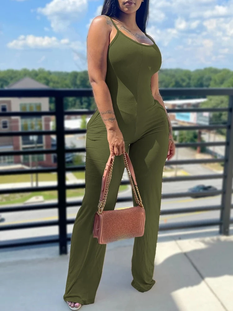 

Square Collar Women Solid Slim Jumpsuit Streetwear Sleeveless Mid Waist Pants Overalls Backless Female Summer Office Rompers New