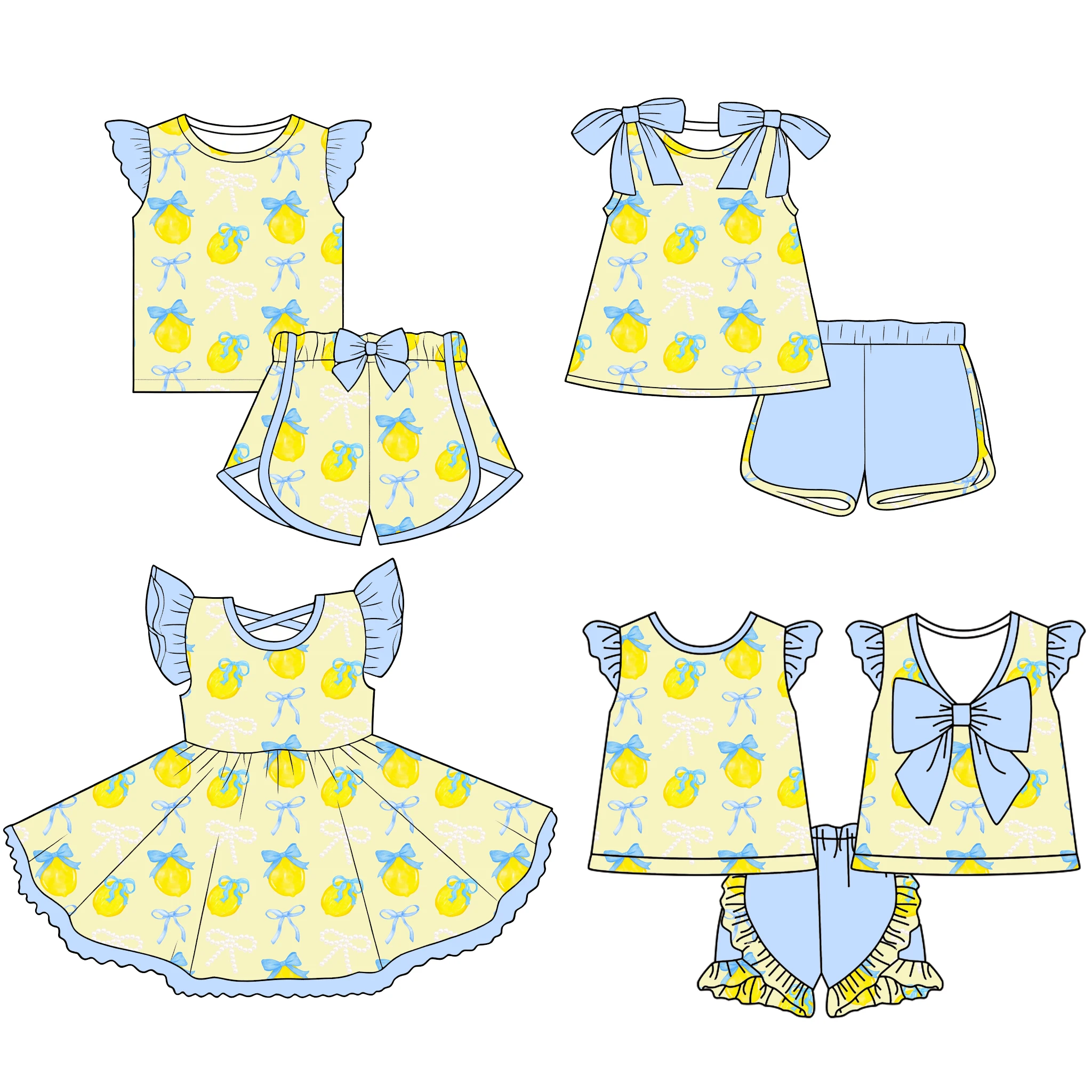 Boutique kids sets Girls suits and dresses bow decoration ruffles fruit print matching set dress custom