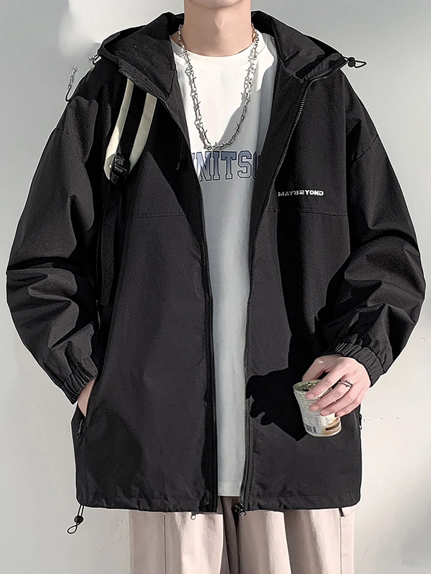 

Loose Fit Men's Outdoor Jaet Hooded Casual Faion Urban Sle Polyester Nylon Cosite Fiber Long Sve Zipper Closure