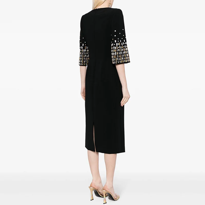 European Style Fine Workmanship Rhinestone Beading Half Sleeve O-neck Women Office Casual Wear Lady Midi Solid Dress