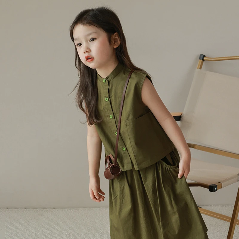 Summer Kid Clothing Set Girls Cotton Korean Style Sleeveless Skirt Two-piece Suit Fashion Outdoor Breathable Outfit Solid 3-8Y