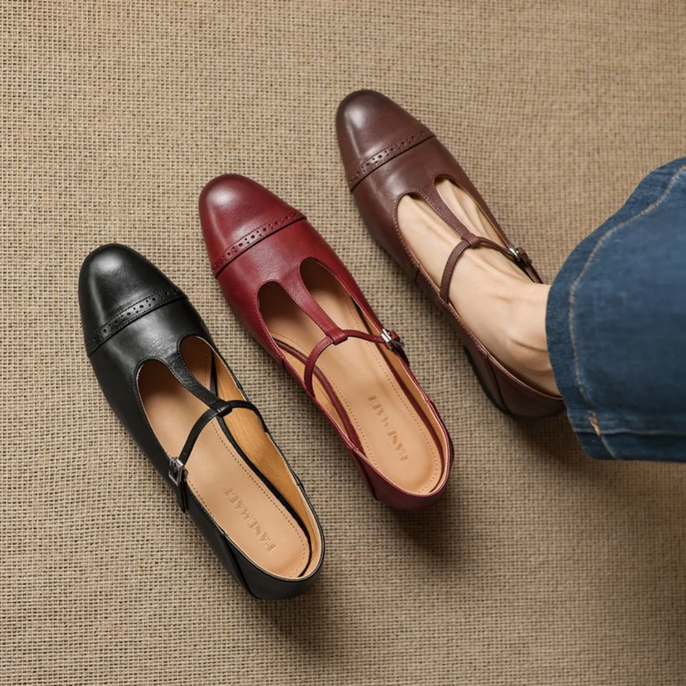 2026 Spring Vintage Mary Janes T-Bar Soft Leather Flat Shoes Comfortable Office Flats for Women