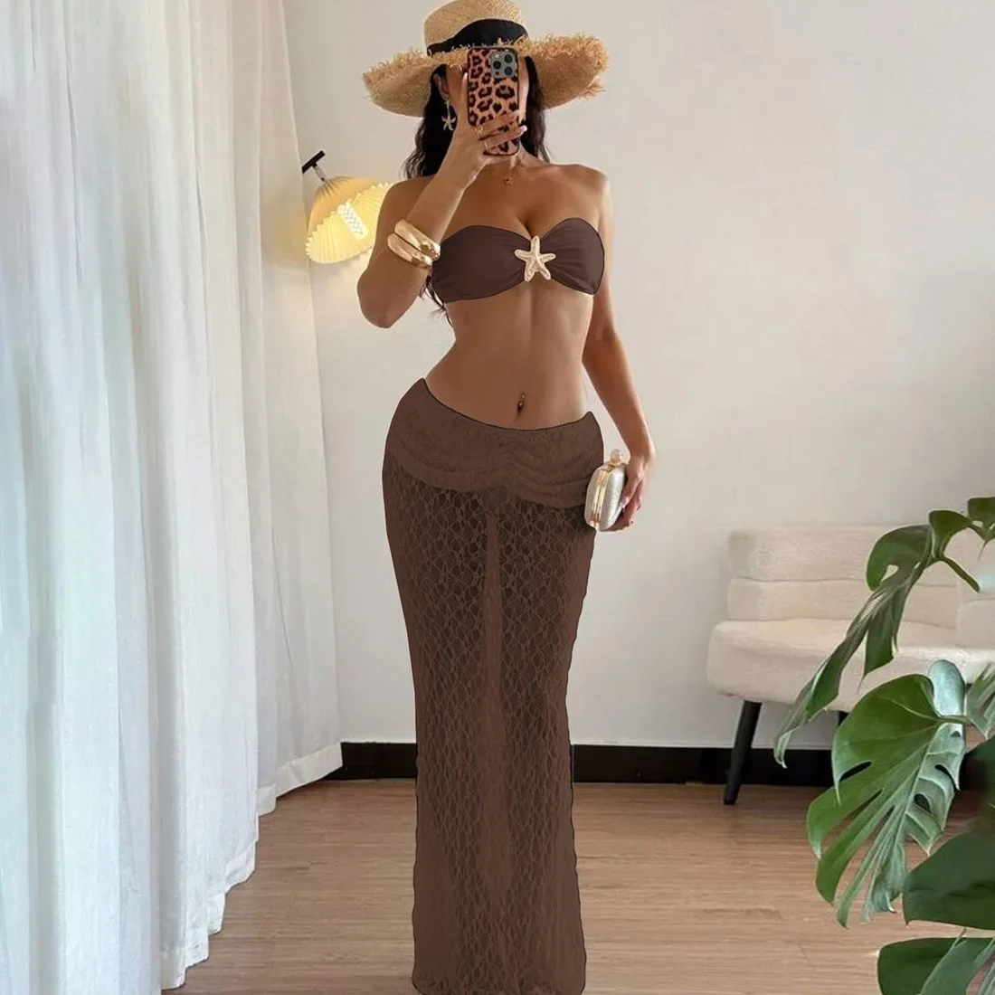 

Holiday Beach 2 Piece Set 2025 Summer Metal Starfish Lace Up Strapless Bra Tops + Ruched See Through Lace Bodycon Long Skirts