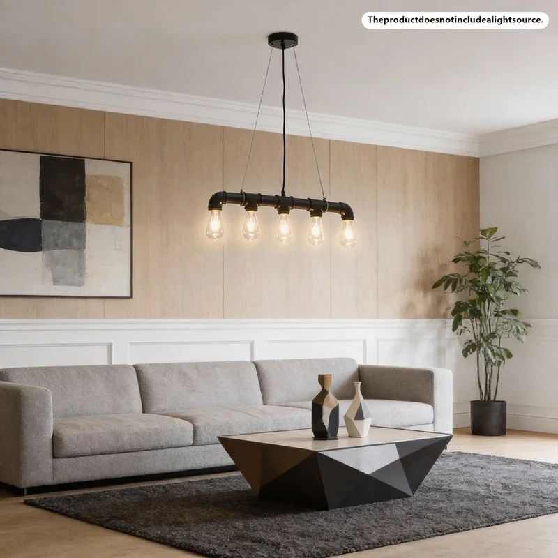 Industrial Black Pipe Linear Pendant Light 5-Light Vintage Water Pipe Hanging Lamp Kitchen Island Bar