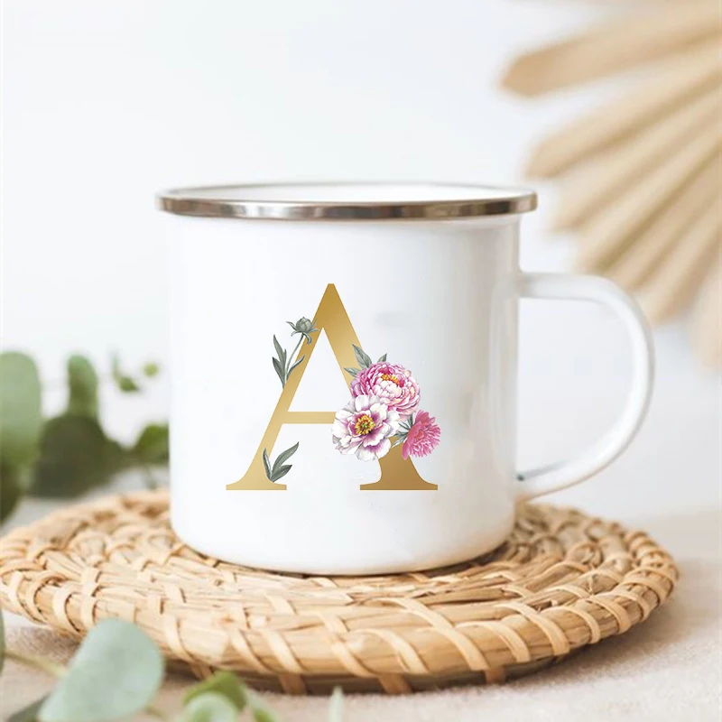 Letter Floral Print Vintage Enamel Mugs Creative Coffee Tea Cup Drink Dessert Milk Cups Handle Drinkware Wedding Bridesmaid Gift