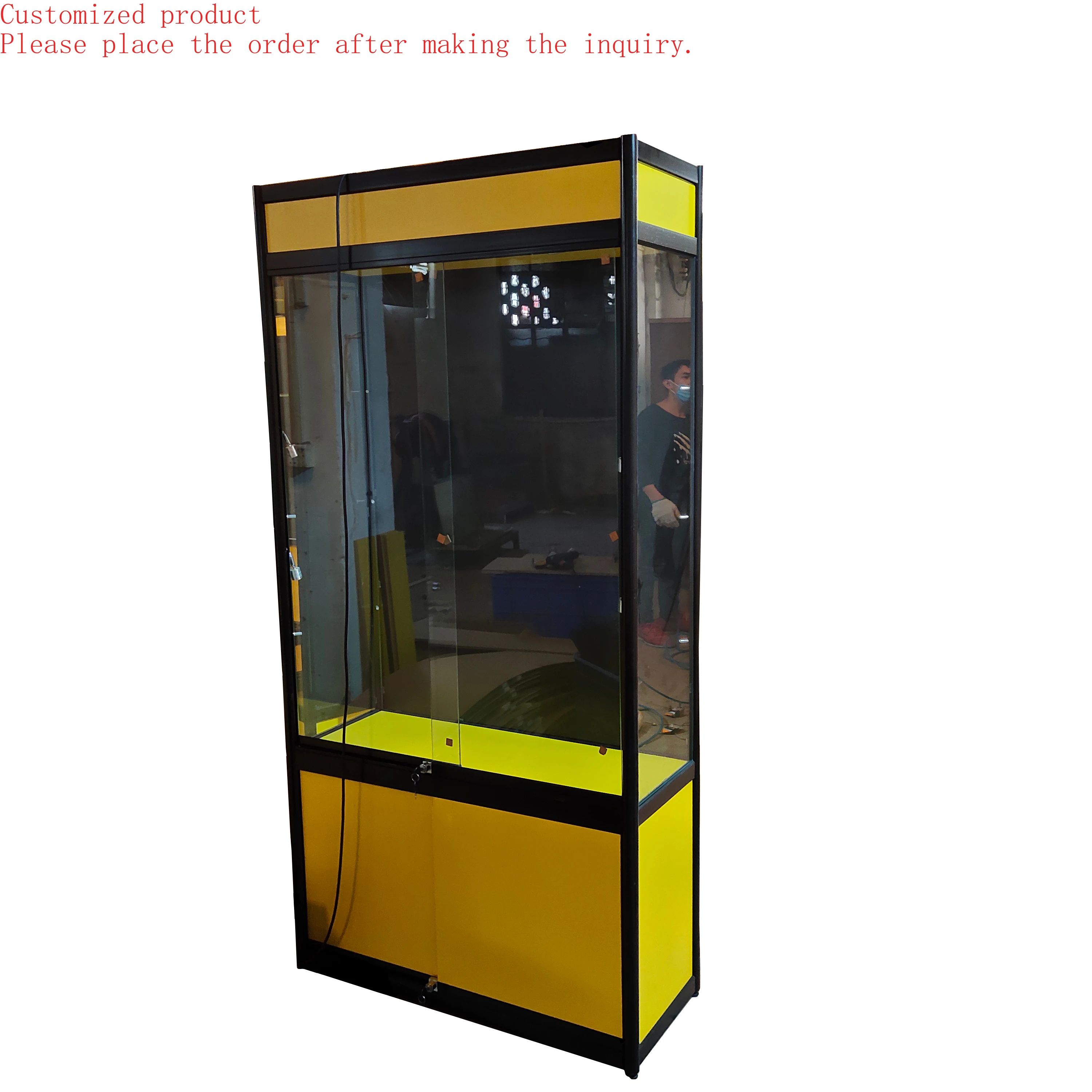 

Custom.Mirror Backside Modern Glass Showcases Vitrine Glass Vitrine showcase With Bottom Cabinet and Light