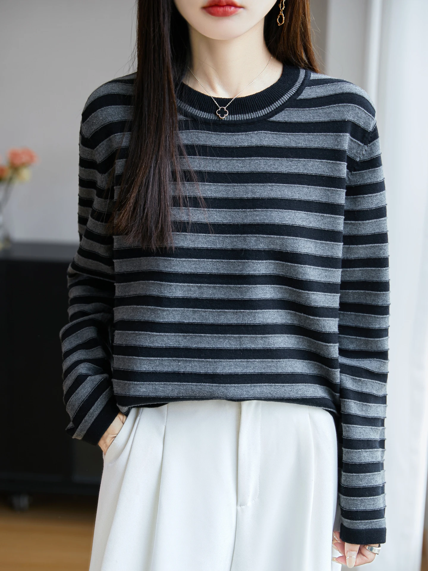 

Retro Striped 00% Pure Cotton Knitted Base irt Women's Loose Slimming Warm Sweater Autumn Winter New Sle Commute Sle
