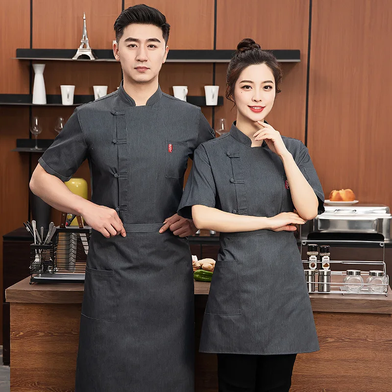 High-End Cloth Cover Chef Uniform Short-Sleeved Men's Hotel Catering Kitchen Work Clothes Restaurant Chef Overalls Summer Solid