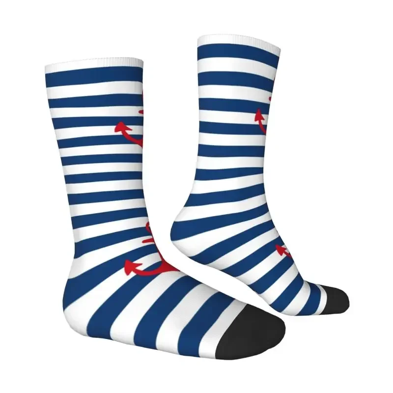 Red Anchor On Navy Blue Stripes Men's Crew Socks Unisex Fun 3D Print Nautical Sailing Sailor Dress Socks