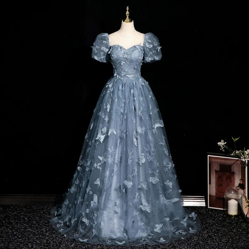 

2026 Summer Women's New Blue Banquet Evening Dress Fashionable Slim Fit Square Neck Embroidered Long Back Strap Dress