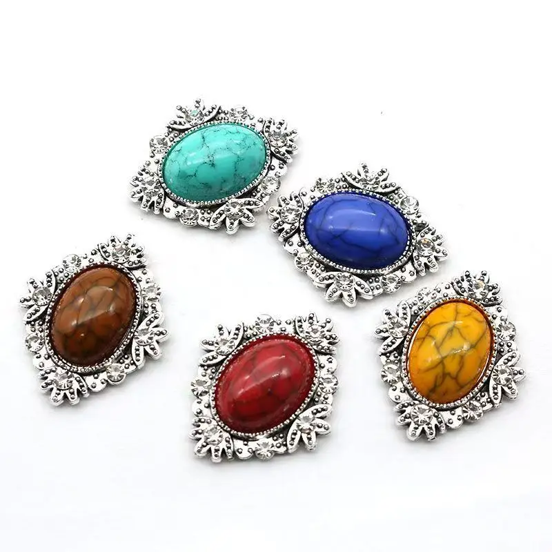5PCS Antique Silver Alloy Oval Crack Gem DIY Accessories Self-Adhesive Clothing Hairpin Decorative Parts for Crafts