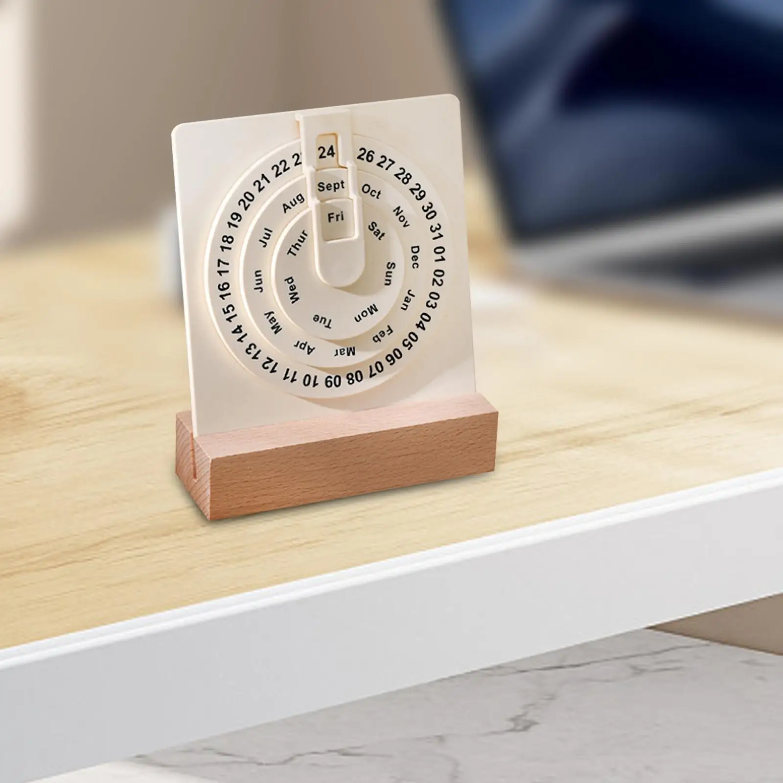 Wooden Perpetual Calendar, Manual Rotatable Disks Calendar,Wood Rustic Circular Perpetual Calendar for Home Office