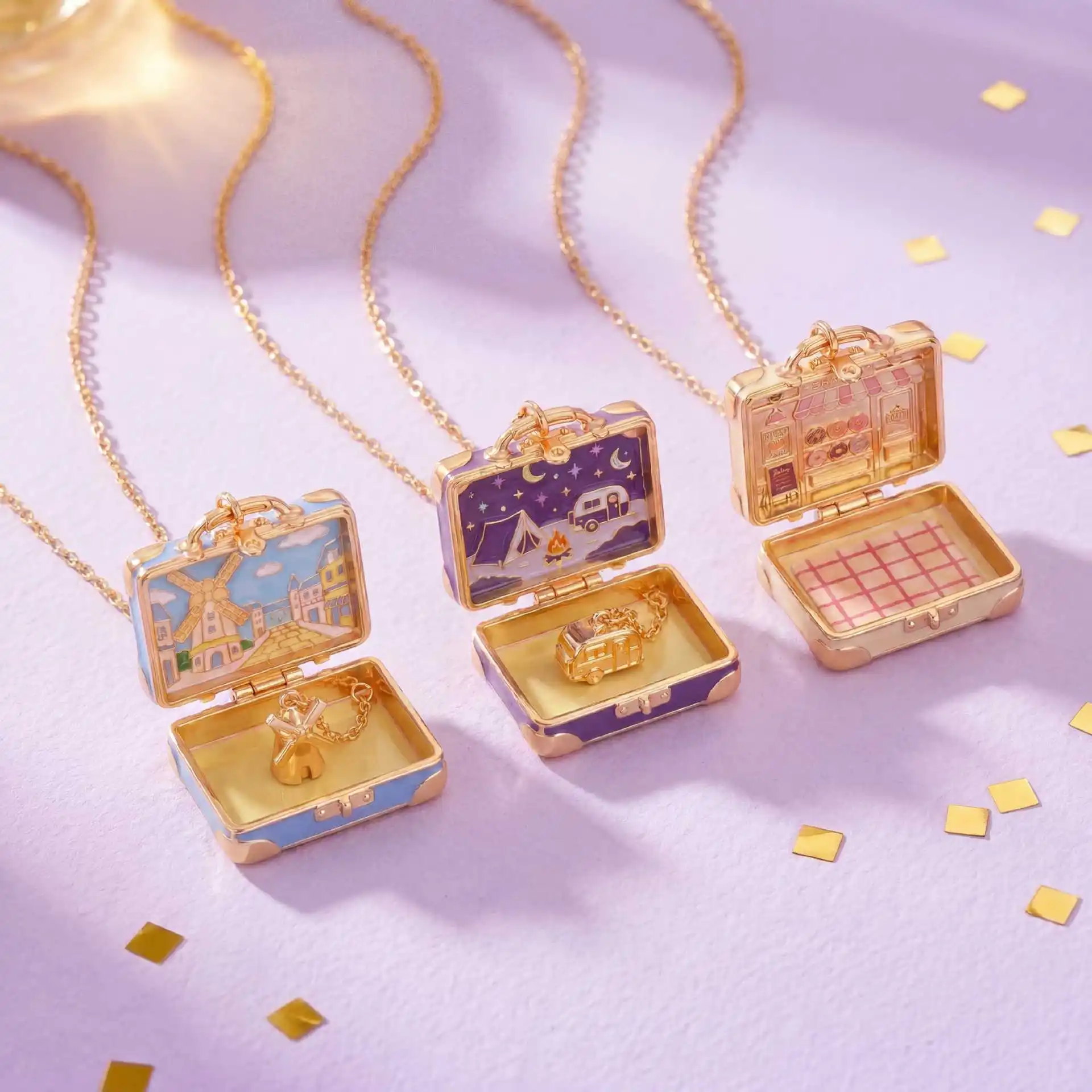 Fashion Jifeng Mini Suitcase Can Open Scene Necklace Bakery Windmill Camping Mushroom House Candy Miniature Fairy Tale Trendy