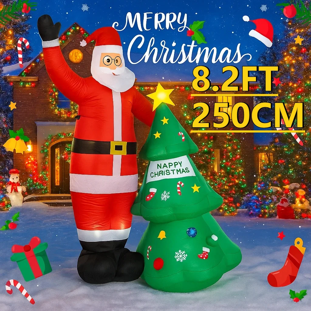 8.2FT Illuminazione natalizia LED Gonfiabile Natale Babbo Natale Albero di Natale Set Giocattolo Cortile Decorazione per feste Ornamento per la casa Forniture per le vacanze