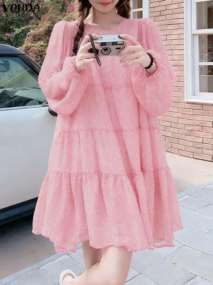 VONDA-Vestidos bohemios de manga larga con estampado Floral para mujer, vestido veraniego de fiesta con cuello redondo, Mini Vestidos sexis de fiesta cortos 2026