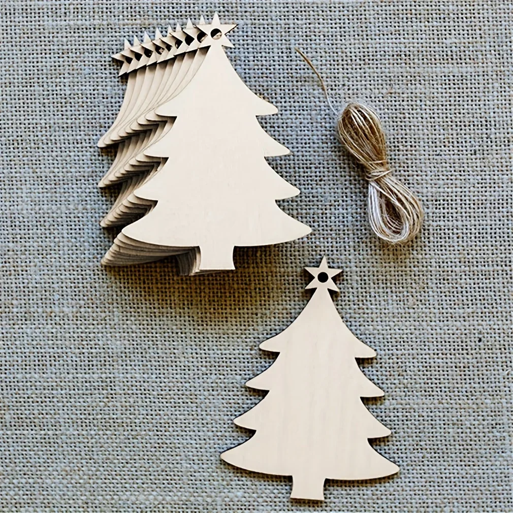 10Pcs Christmas Tree Shape Wooden Crafts Hanging Ornaments Unfinished Christmas Tree Pendant Christmas Decoration Wood Slices