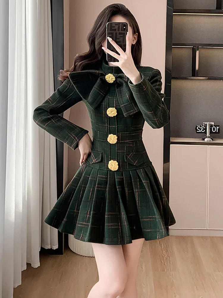 

2025 Spring Plaid Wool Stand Collar Party Mini Dress Sweet Women Chic Big Bow Gold Buttons High Waist Slim Short Vestidos