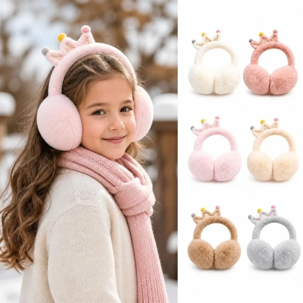 Warm Cartoon Crown Ear Muffs Windproof Portable Foldable Ear Warmers Soft Winter Ear Protection For Girls Kids