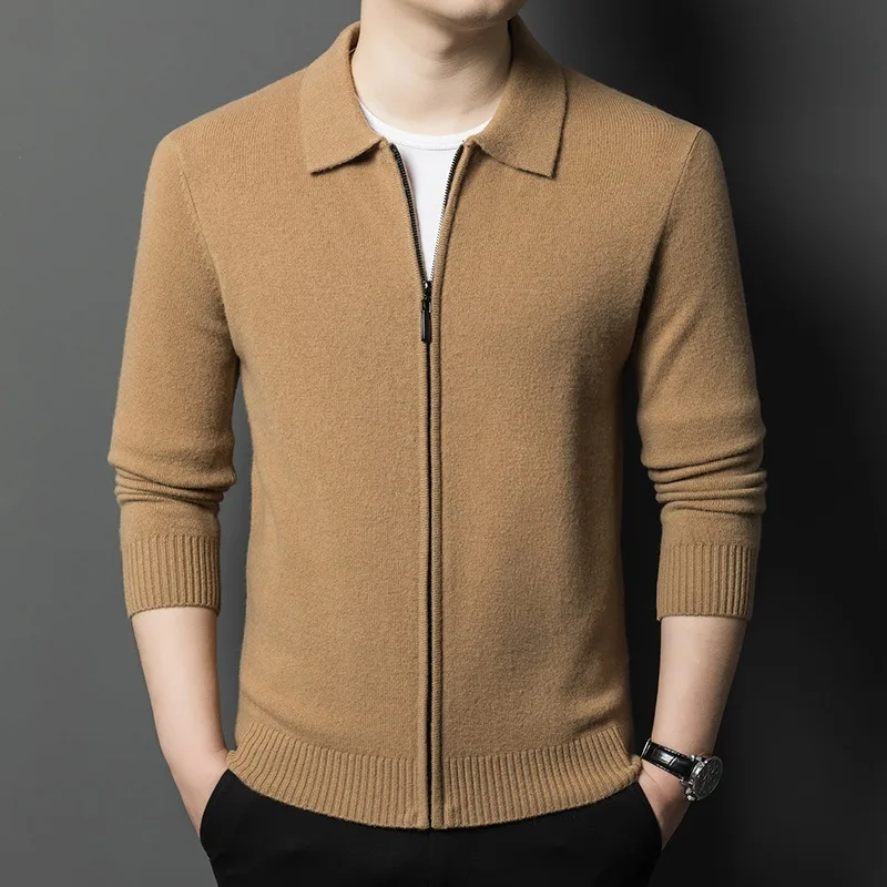 100% Merino Wool Sweater Male Cardigan Knitwear Zippered Cashmere Jackets Winter Thicken Sweaters Vests Long Sleeve Lapel Coats