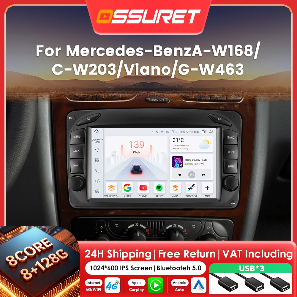 2DIN Android Autoradio für Mercedes-Benz A-C-G-CLK Klasse W168 C203 W463 C209 W209 Viano Vito Vaneo Carplay 7862 Bluetooth Multimedia Player