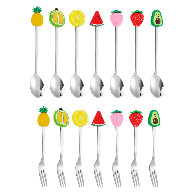 2pCS Stainless Steel Fruit Fork Coffee Spoon Color Fruit Pattern Stainless Steel Fork Simple  Mixing Spoon Dropship Dessert Tool