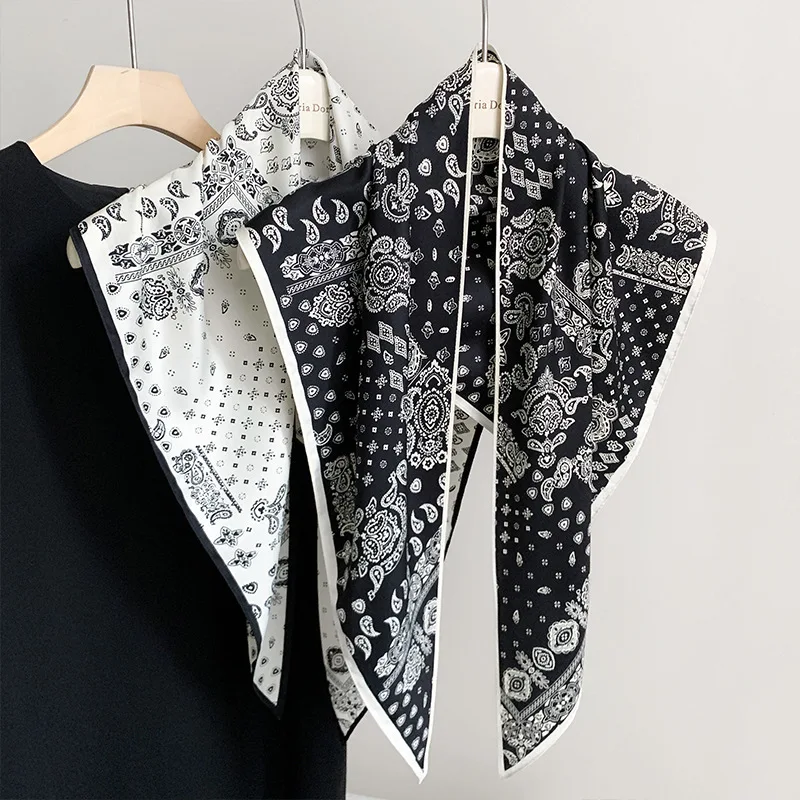 Black White Paisley Imitation Silk Twill Scarf Irregular Diamond Neck Scarf Elegant Commute Small Necktie for Daily Outfit Decor