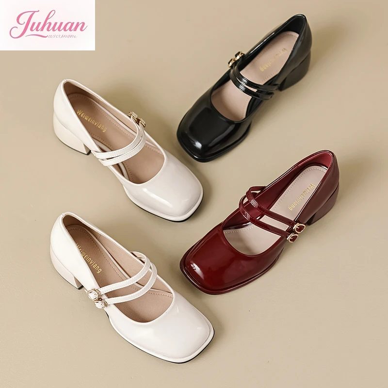 

Новые японские простые универсальные маленькие кожаные женские туфли Мэри Джейн, туфли на толстом каблуке для невесты с неглубоким носком, на среднем каблуке