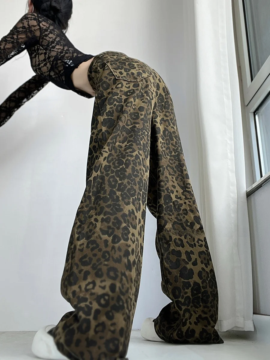 American Retro Loose Casual Leopard Print Jeans Women's Hip Hop Street Dance Straight Leg Pants High Waist Long Trousers