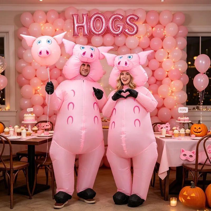 Adult Halloween Inflatable Pig Costume, Funny Pink Pig Jumpsuit, Christmas Party Role Play Outfit for Stage Performance Unisex