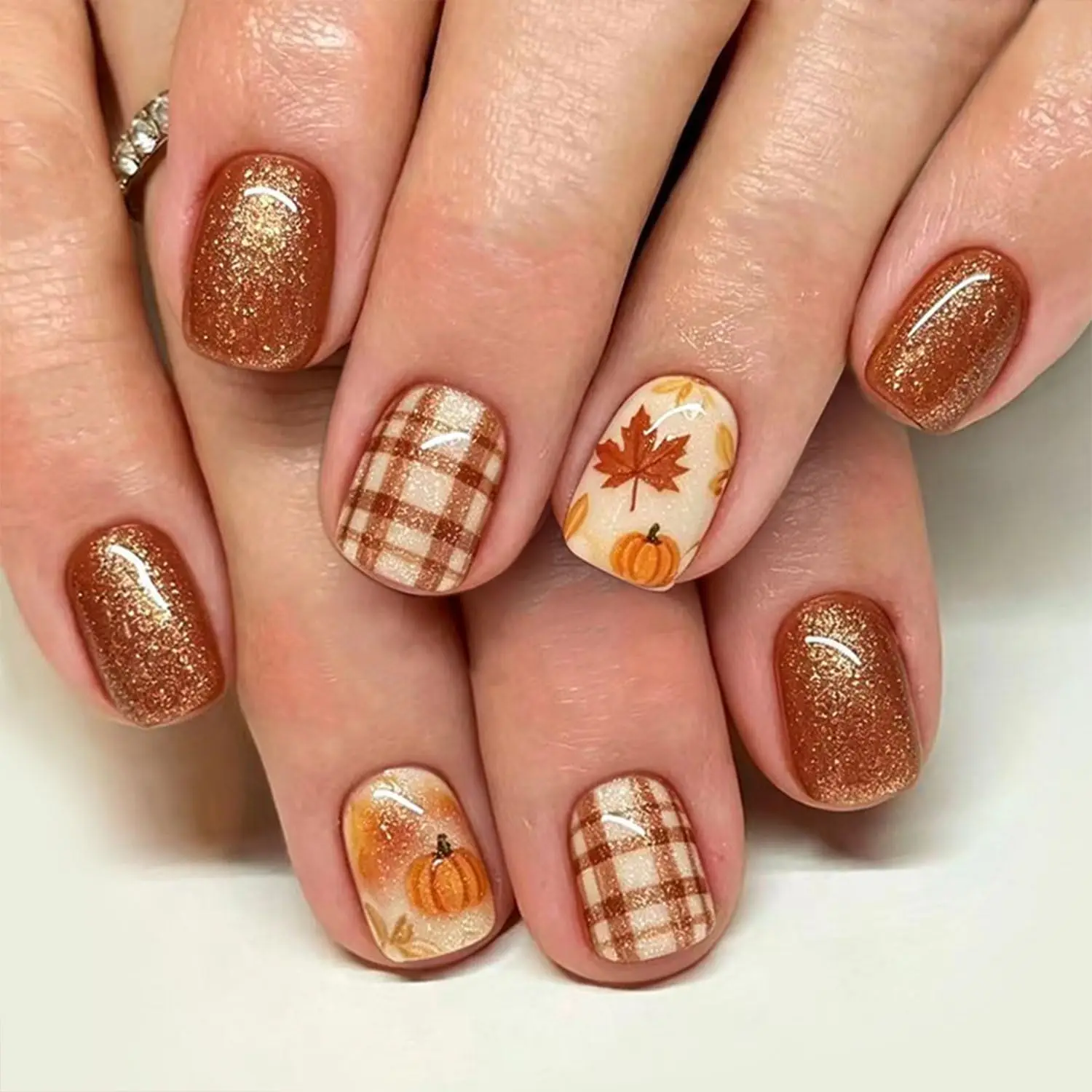 Fall Press on Nails Short Square Fake Nails Gold Leaf Fake Nails Autumn Style Leopard Print False Nails Maple Leave Acrylic Nail