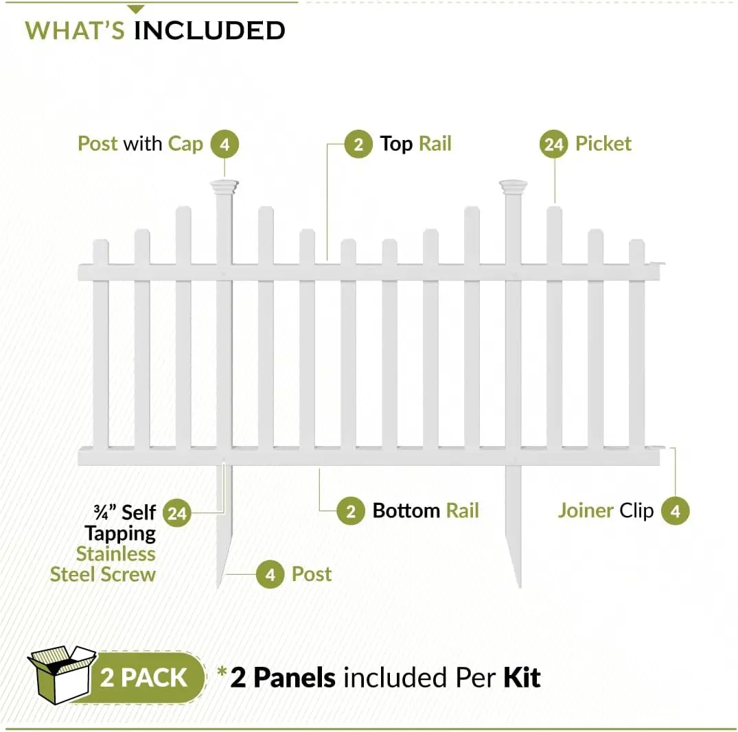 2-Panel No Dig White Vinyl Fence Kit, Easy DIY Temporary Yard Border for Pets & Garden