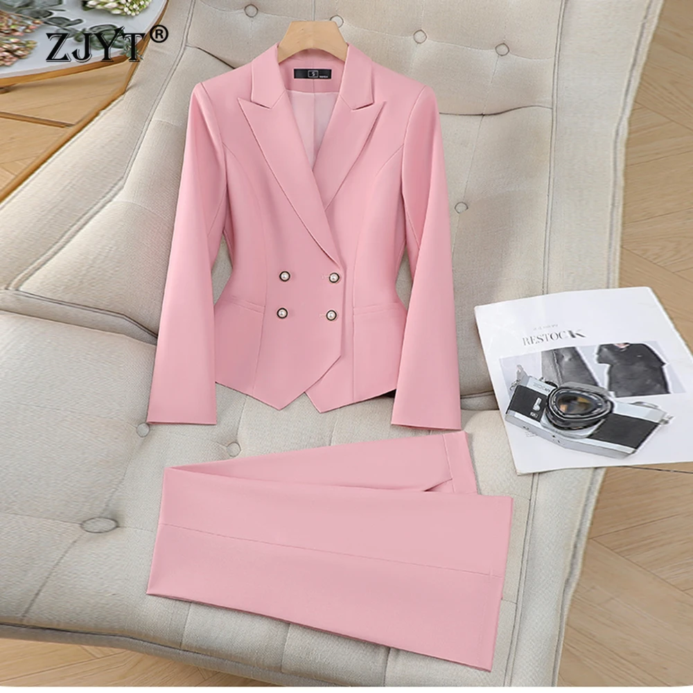 

Женский костюм ZJYT: брюки и пиджак, 2 предмета, элегантный классический розовый комплект, новая модная офисная одежда для женщин