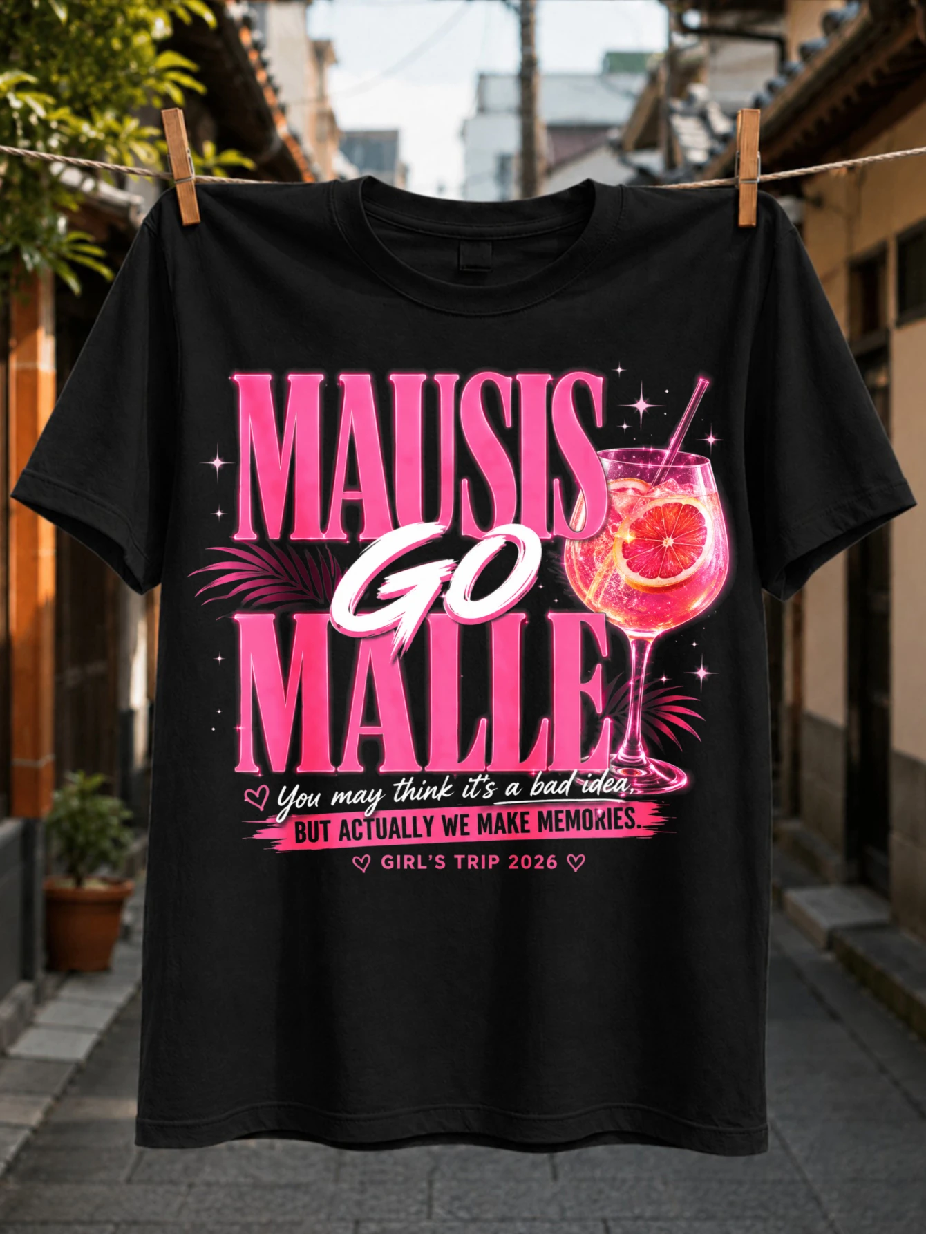 Mausis Go Malle Girls Trip 2026 T-shirt rose étincelant avec motifs de tranches d'agrumes, de palmiers et de cœurs, néon glamour, unisexe