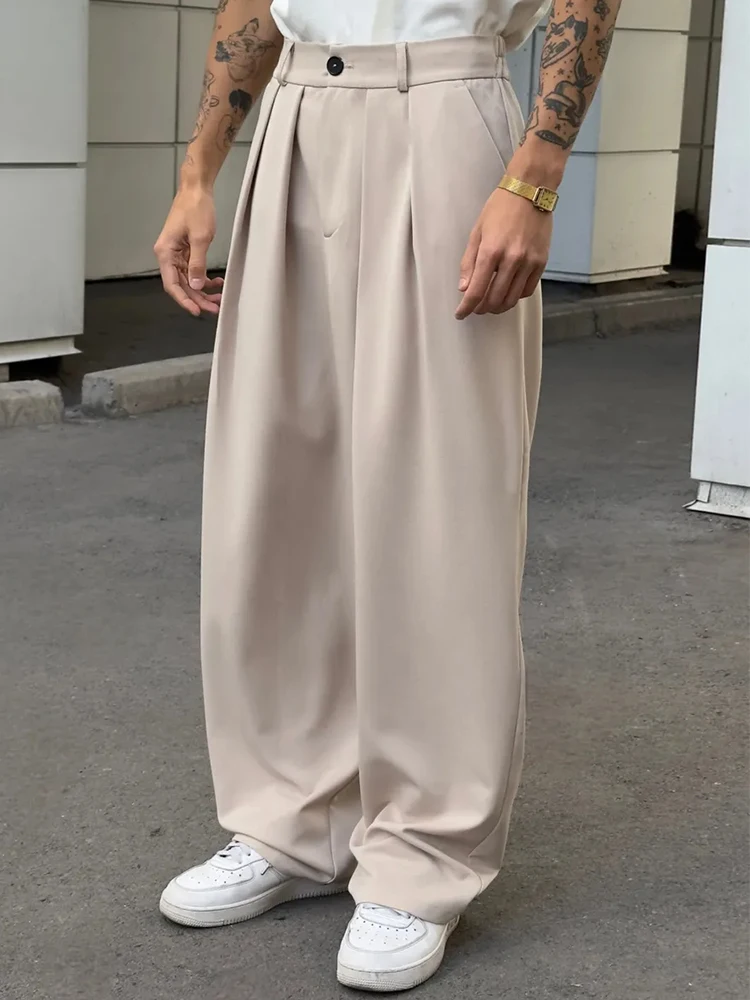 خمر بلون مطوي بنطلون رجالي ربيع الخريف جديد عادية فضفاض مستقيم الخصر السراويل الرجال الترفيه اليومي ثنيات السراويل