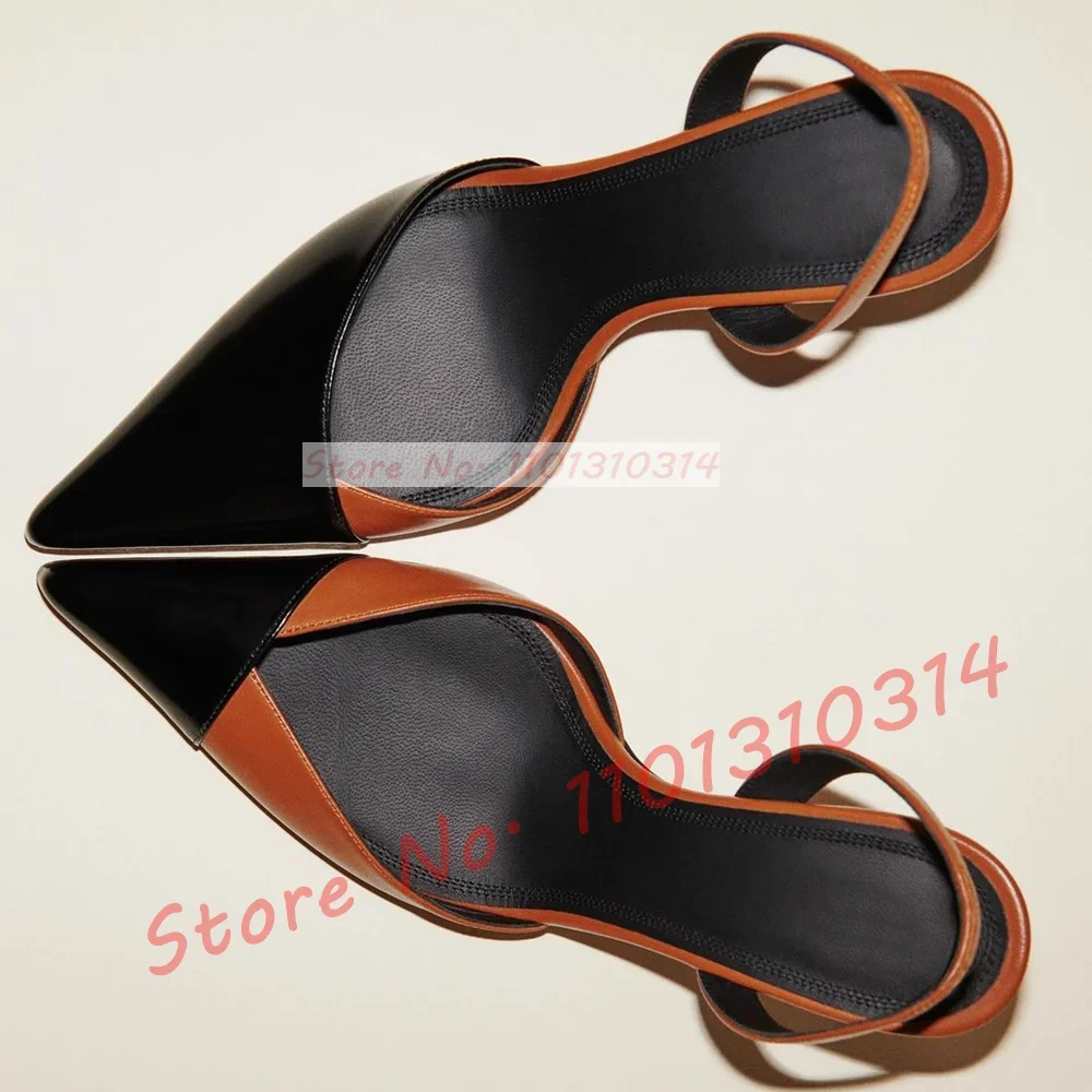 

Black Pointy Toe Brown Patchwork Sandals Women Elegant Back Strap Two Tone High Heels Shoes Female Summer Casual Party Sandals