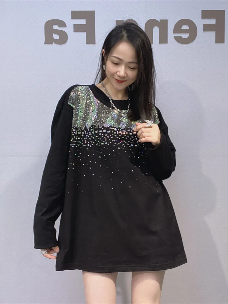 

Женская футболка со стразами и круглым вырезом, свободные базовые футболки, однотонная шикарная повседневная рубашка, черные футболки большого размера для женских футболок