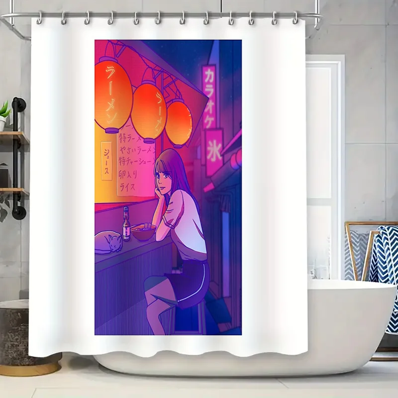 

Anime Shower Curtain Japanese Geisha Girl Neon City Bathroom Decor Washable Waterproof Home Decor Vintage Manga Art