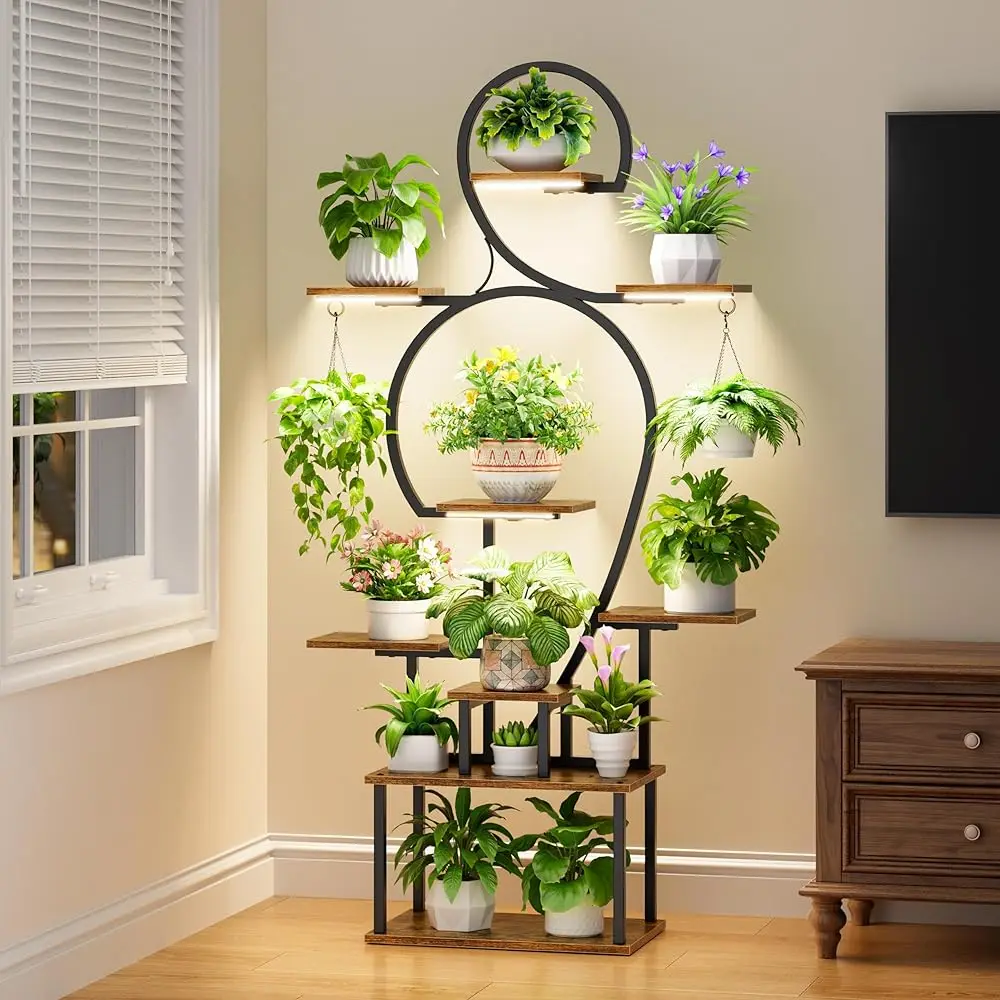 

Plant Stand Indoor With Grow Light - 9 Tiered 63"" Tall Indoor Plant Shelves For Multiple Plants, Large Plant Shelf With Grow