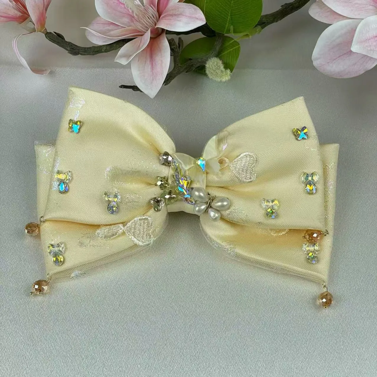 

Высококачественная атласная двухслойная заколка с ромбовидной сеткой и бантом, милый элегантный головной убор с весенним зажимом