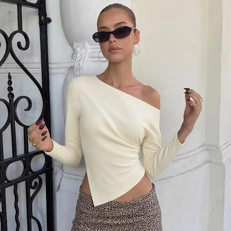 Damen Casual Top Modisches Schlankes Langarm-Pullover-Oberteil Sexy Schulterfreies Plissiertes Party-Top Weibliche Streetwear Überzieh-Oberteil – Detail 15